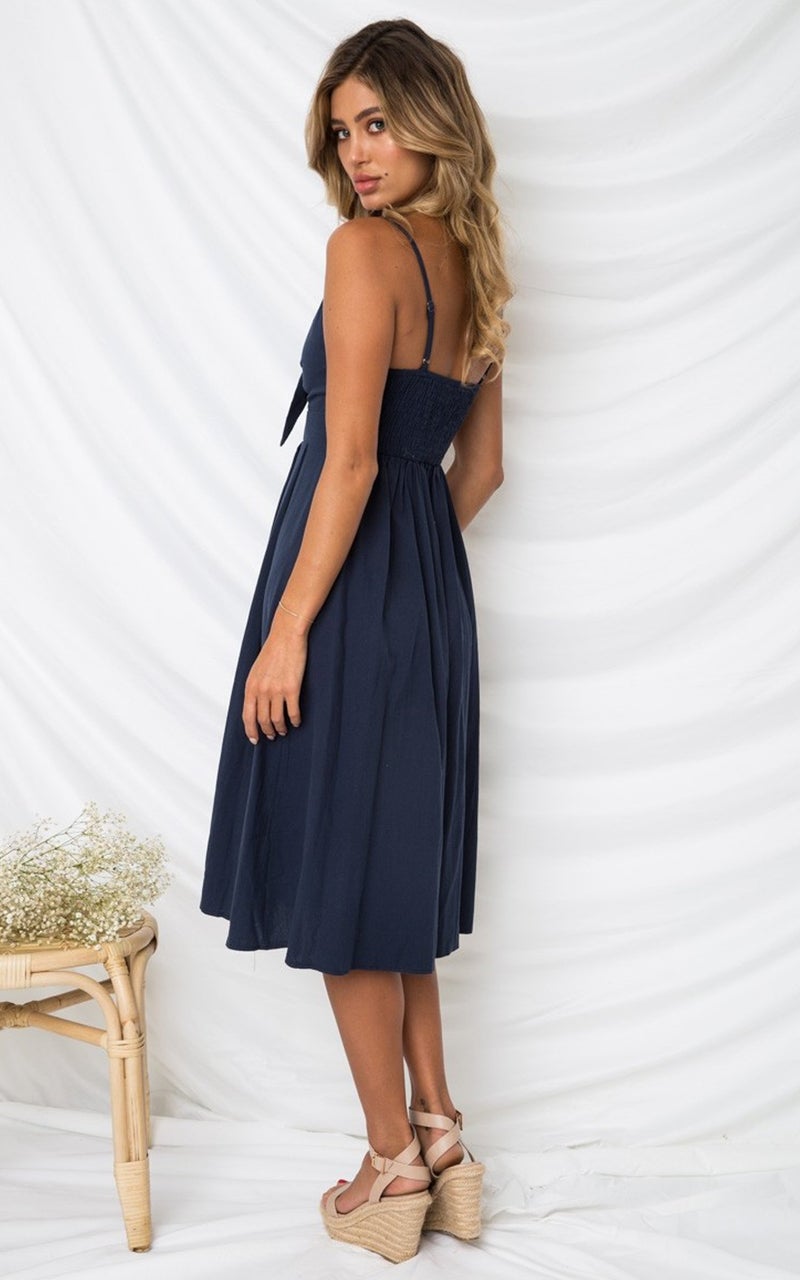 ECOWISH Women 2024 Summer Dresses Tie Front V-Neck Spaghetti Strap Button Down A-Line Backless Swing Midi Dress 572 Navy Blue S - Image 3